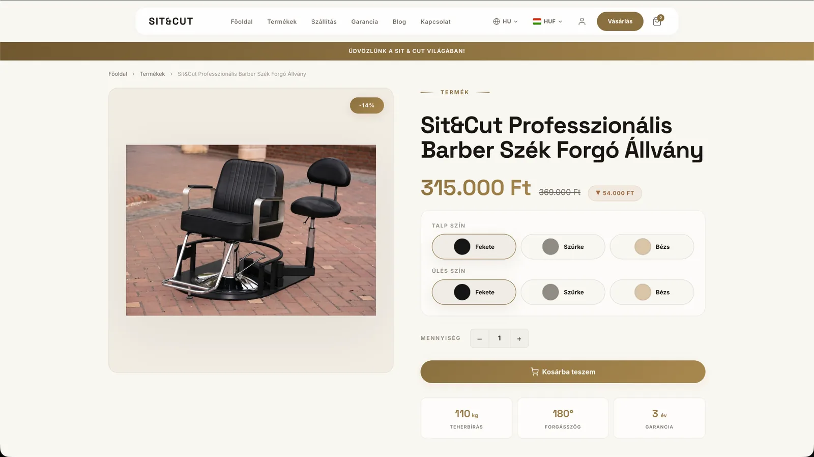 A Sit&Cut webshop termékoldala és konfigurátora